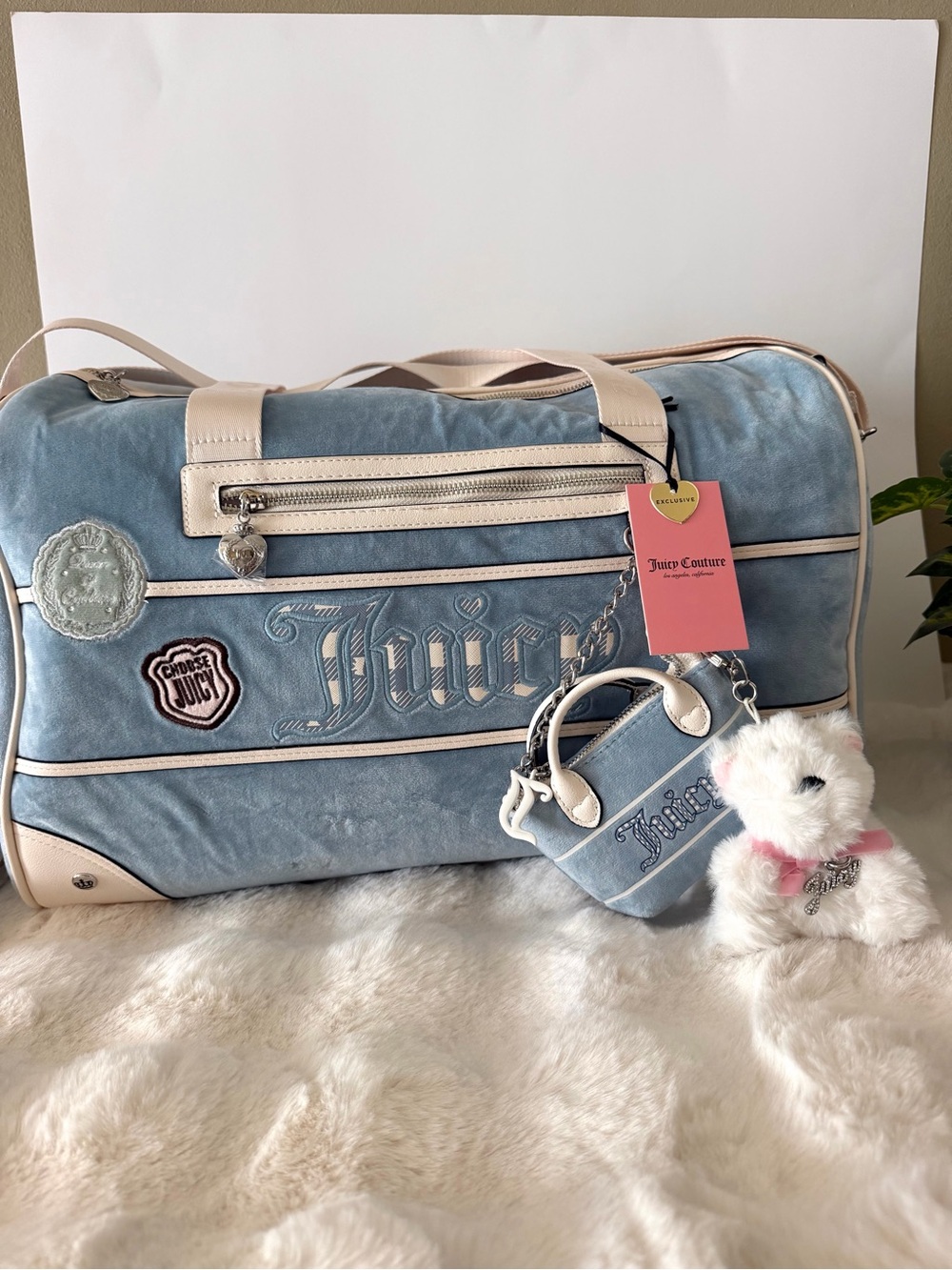 Juicy Couture Dusty Blue Velour Weekend Bag with Mini Purse Charm and Plush Bear